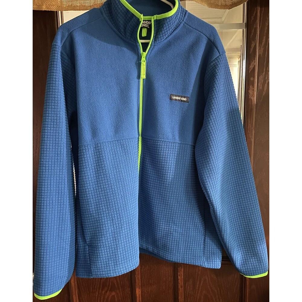 Lands End Jacket Men’s Large - Blue  Thermal W/Green -Fleece,  Outdoor Full Zip